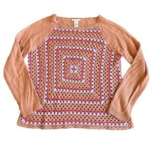 Women’s Sundance Granny Square Crochet Sweater Cottage Orange Wool Alpaca Medium